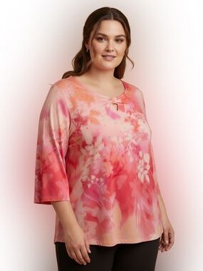 NWT Allison Daley Plus Size Coral Floral Top Soft Stretch Casual Chic Travel 2X